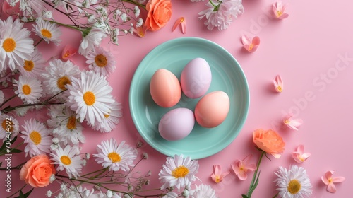 Easter eggs on a plate. Minimalistic background for design and cards. Spring flowers on a pastel pink background. Cute illustration in 3D animation style