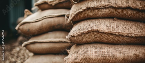 Close up stack of seeds, beans full burlap bags or sacks in stock in warehouse. AI generated image