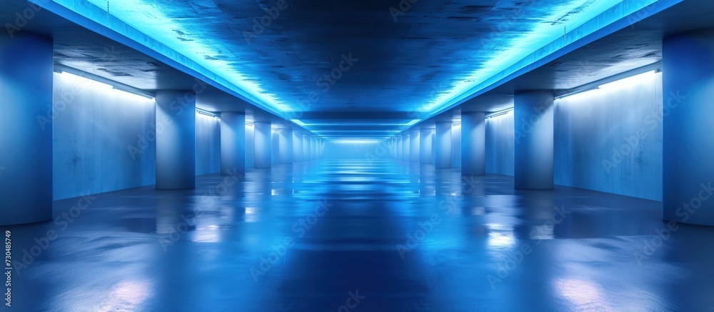 Empty large underground building with blue lighting background. AI generated image
