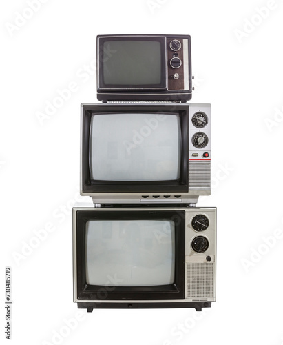 Three vintage televisions isolated with cut out background.