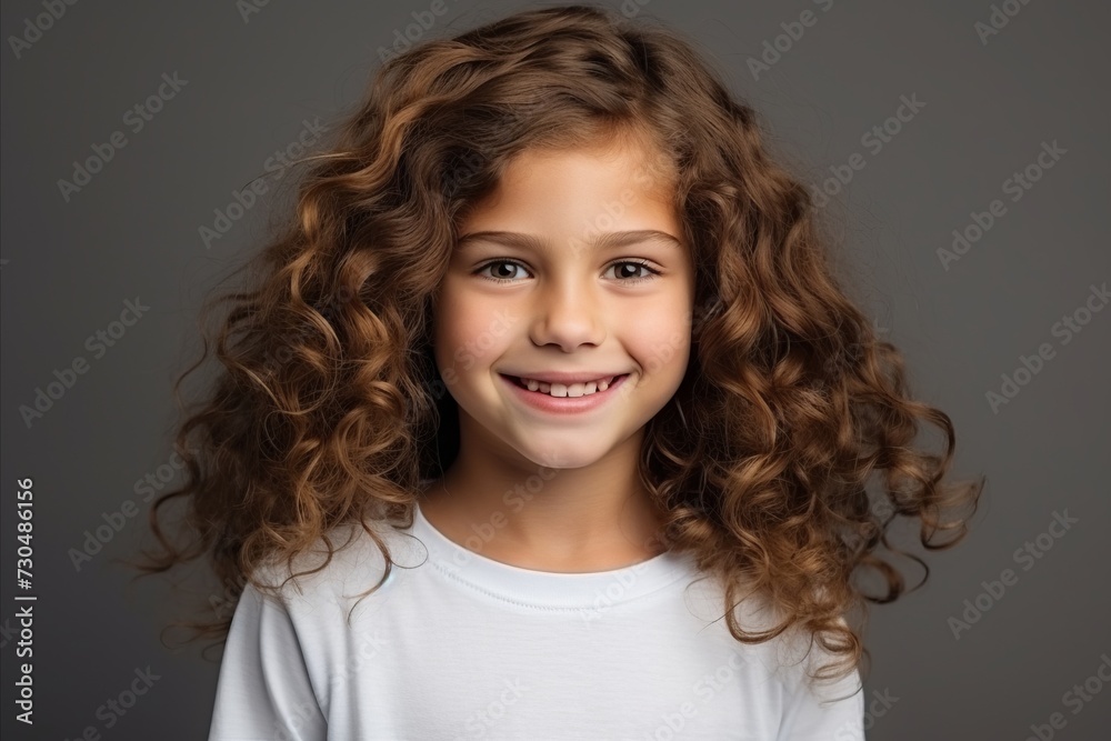 Portrait of a smiling little girl with curly hair over grey background Portrait of a smiling little girl with curly hair over grey background