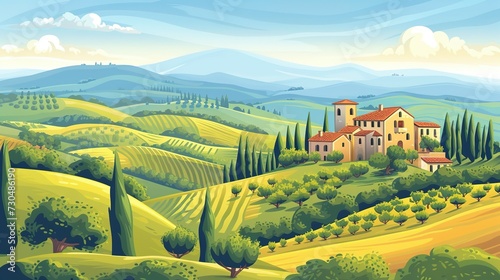 Landscape view of Tuscany hills. Italian countryside panorama with olive trees  old farmhouses and cypress. Rural panoramic scenery landscape. Vector illustration