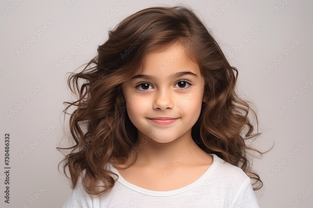 Portrait of a cute little girl with long curly hair over grey background