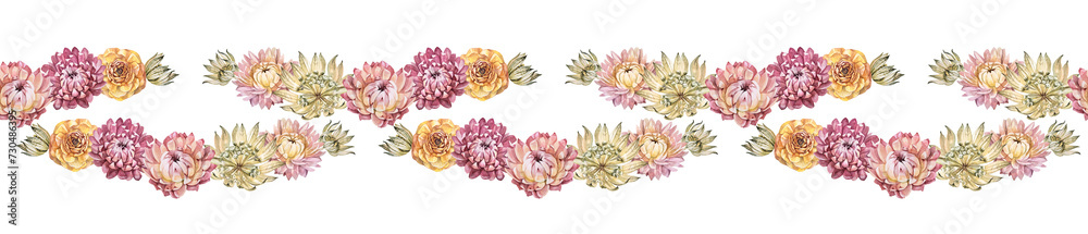 Seamless rim watercolor boho dry flower chrysanthemum on white background. Hand-drawn pink herbarium plant for wedding celebration card. Border for wallpaper wrapping sketchbook, decor interior Seamless rim watercolor boho dry flower chrysanthemum on white background. Hand-drawn pink herbarium plant for wedding celebration card. Border for wallpaper wrapping sketchbook, decor interior