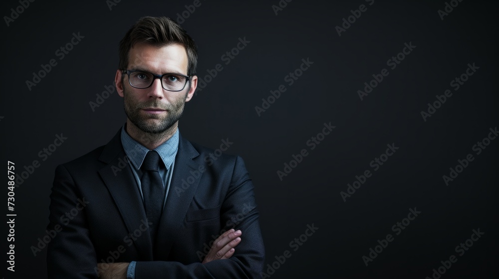 confident businessman in a professional posture, in front of an elegant black background generative ai confident businessman in a professional posture, in front of an elegant black background generative ai
