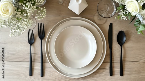 An overhead perspective of a simplistic dining arrangement, featuring matte black utensils, white dinnerware, and a lone vase with a stark floral design, on a polished wooden tabletop.