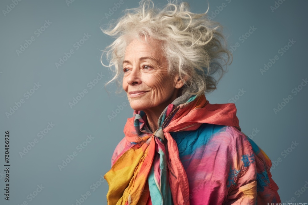 Portrait of senior woman with curly hair. Isolated on grey background.