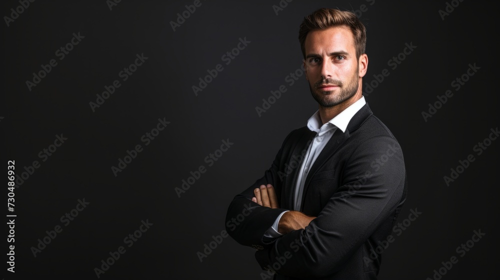 confident businessman in a professional posture, in front of an elegant black background generative ai confident businessman in a professional posture, in front of an elegant black background generative ai