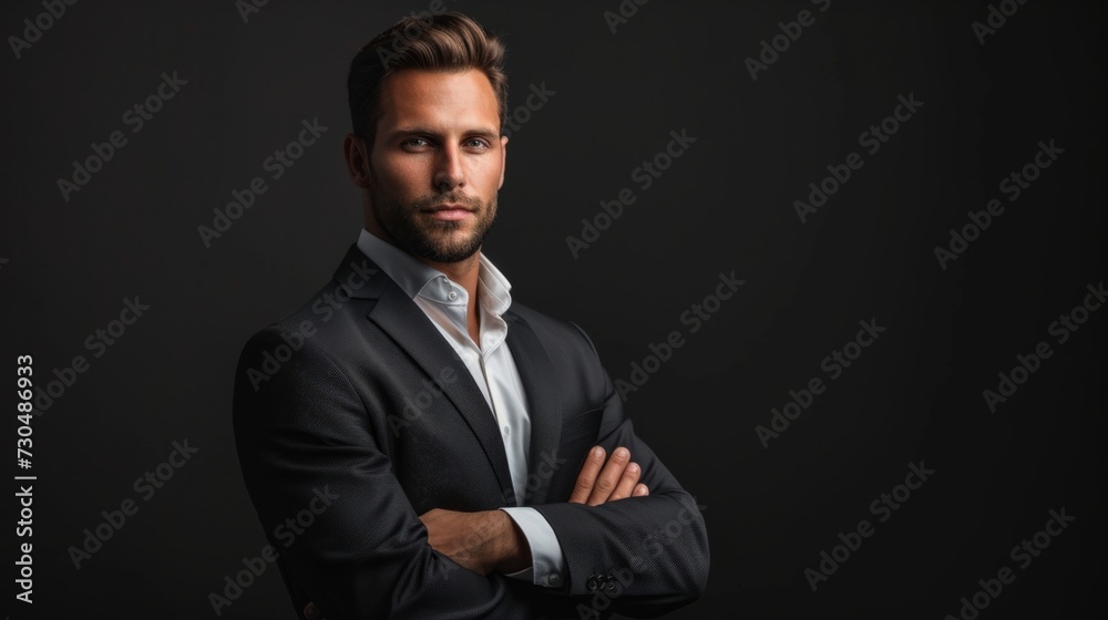 confident businessman in a professional posture, in front of an elegant black background generative ai confident businessman in a professional posture, in front of an elegant black background generative ai