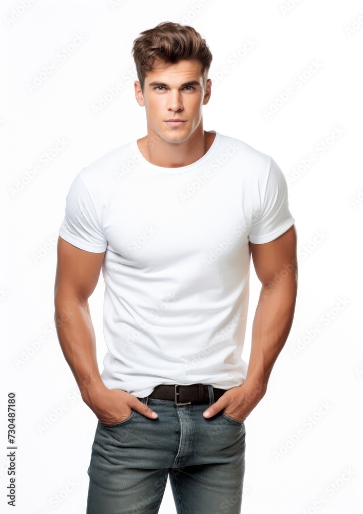 Man in white t-shirt and jeans standing on a white background Man in white t-shirt and jeans standing on a white background