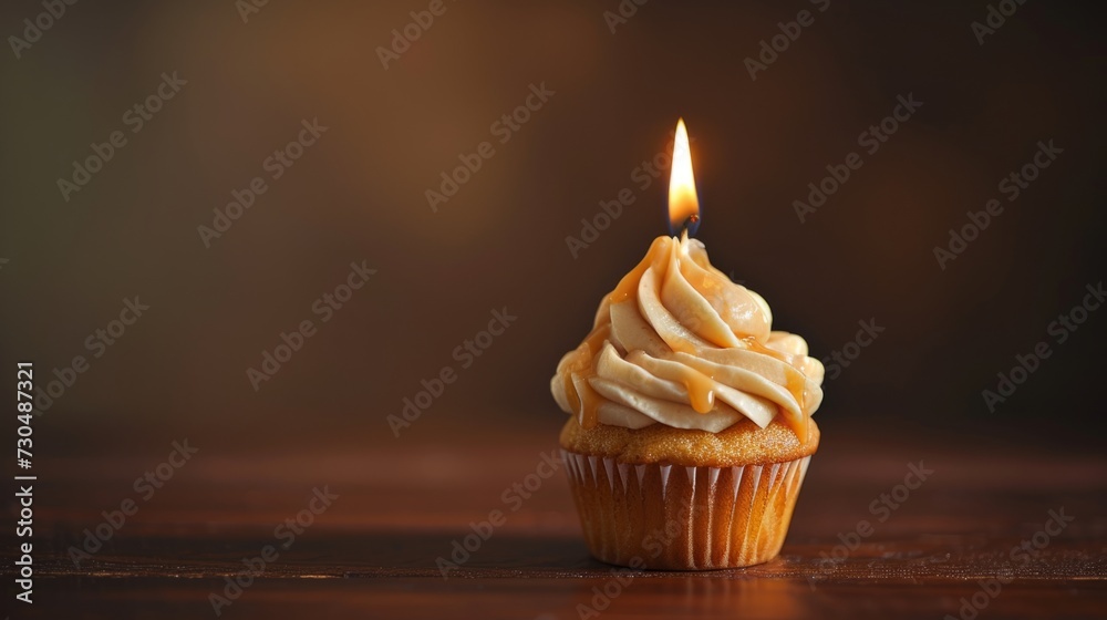 Studio capture of a delectable caramel cupcake topped with a single candle generative ai Studio capture of a delectable caramel cupcake topped with a single candle generative ai