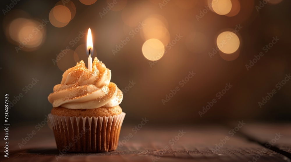 Studio capture of a delectable caramel cupcake topped with a single candle generative ai Studio capture of a delectable caramel cupcake topped with a single candle generative ai