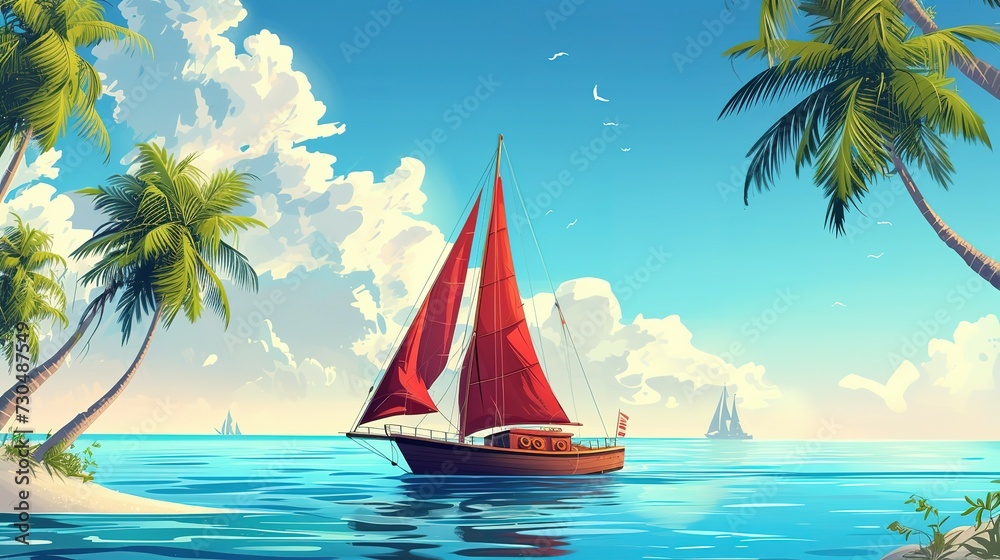 Old sailboat floating on calm blue water of sea or ocean near tropical island with palm trees. Cartoon marine sunny landscape with vessel in harbor. Ship with wooden deck and stamp, red canvas sails