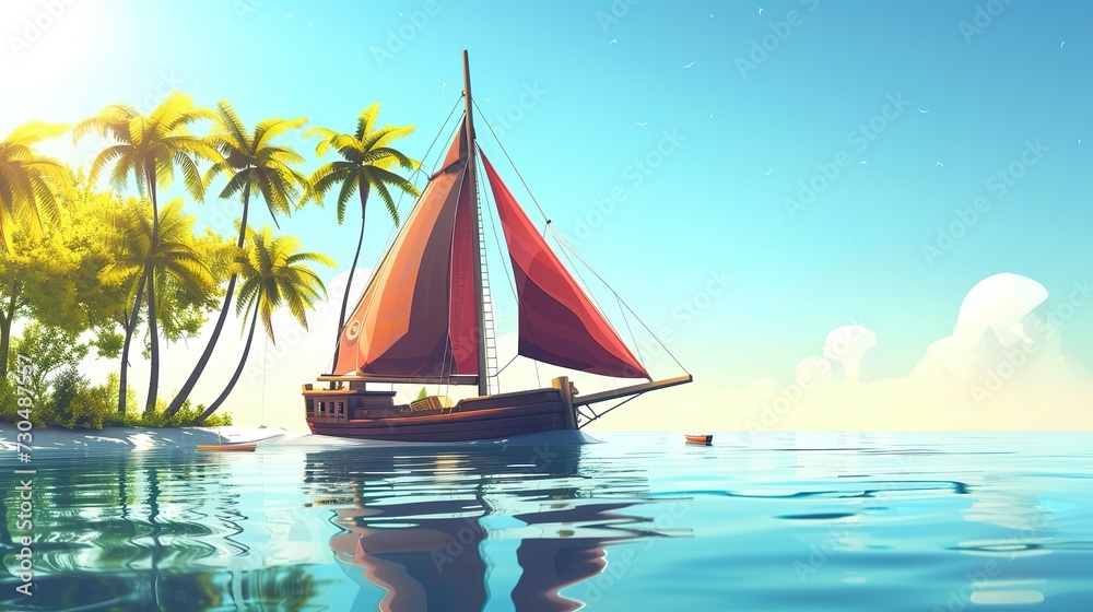 Old sailboat floating on calm blue water of sea or ocean near tropical island with palm trees. Cartoon marine sunny landscape with vessel in harbor. Ship with wooden deck and stamp, red canvas sails