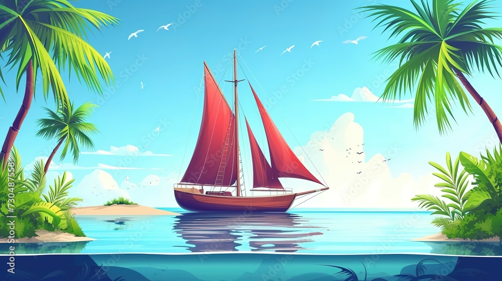 Old sailboat floating on calm blue water of sea or ocean near tropical island with palm trees. Cartoon marine sunny landscape with vessel in harbor. Ship with wooden deck and stamp, red canvas sails