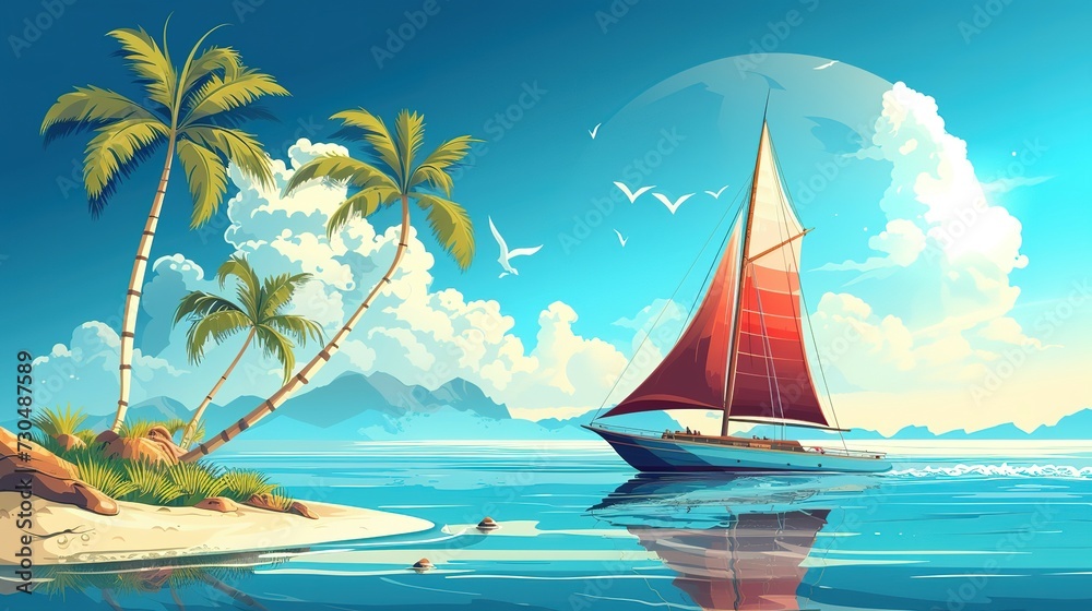 Obraz premium Old sailboat floating on calm blue water of sea or ocean near tropical island with palm trees. Cartoon marine sunny landscape with vessel in harbor. Ship with wooden deck and stamp, red canvas sails