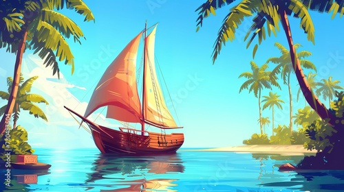 Old sailboat floating on calm blue water of sea or ocean near tropical island with palm trees. Cartoon marine sunny landscape with vessel in harbor. Ship with wooden deck and stamp, red canvas sails photo