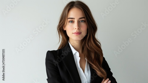 professional woman in a concentrated pose, in front of a clean white background generative ai