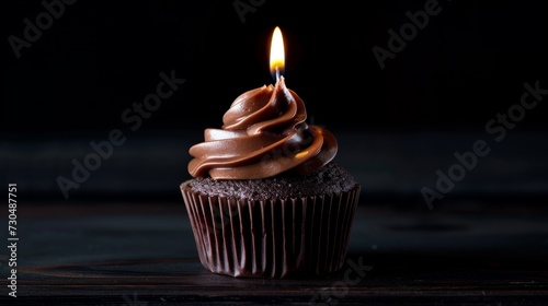 Studio photograph of a decadent chocolate ganache cupcake with a single candle, generative ai