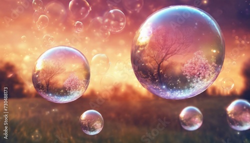 Magical and whimsical, transparent bubbles capturing the reflection of a blossoming tree during a sunset.