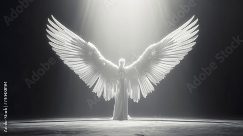 A graceful angelic being with outstretched wings and a tet symbolizing the role of Archangel Gabriel as a messenger of divine guidance and hope. photo