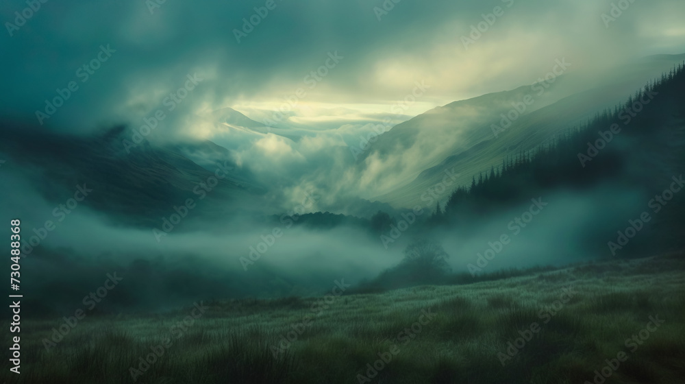 Misty landscape valley with thin fog at dawn with epic hills and mountain view
