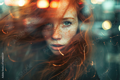 Gorgeous red hair young woman causal street portrait with double exposure and motion blur effect