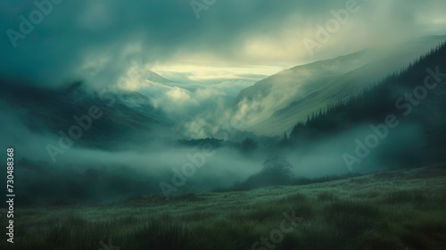 Misty landscape valley with thin fog at dawn with epic hills and mountain view