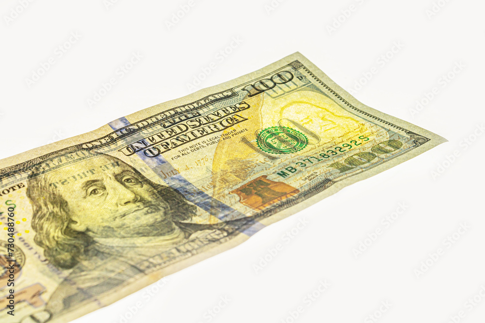 Franklin watermark on 100 bill. fragment of 100 dollar banknote with visible details of banknote reverse for design purpose Franklin watermark on 100 bill. fragment of 100 dollar banknote with visible details of banknote reverse for design purpose