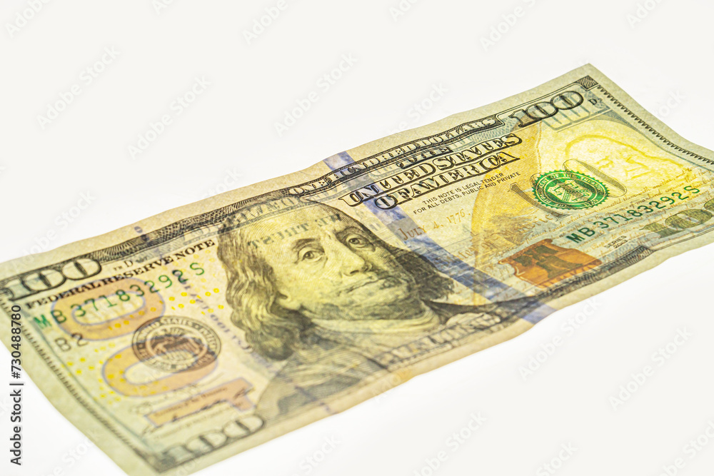 Franklin watermark on 100 bill. fragment of 100 dollar banknote with visible details of banknote reverse for design purpose Franklin watermark on 100 bill. fragment of 100 dollar banknote with visible details of banknote reverse for design purpose