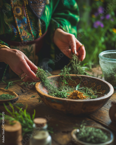 Hands of a spiritual medicine woman preparing medicinal herbs in a bowl. Sacred ritual plants for purification and healing of soul and body. natural preparation of shaman healer, for holistic care photo