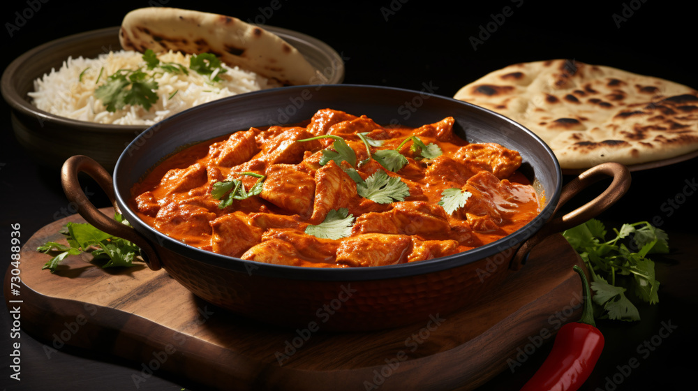 Chicken tikka masala spicy curry meat food in pot.