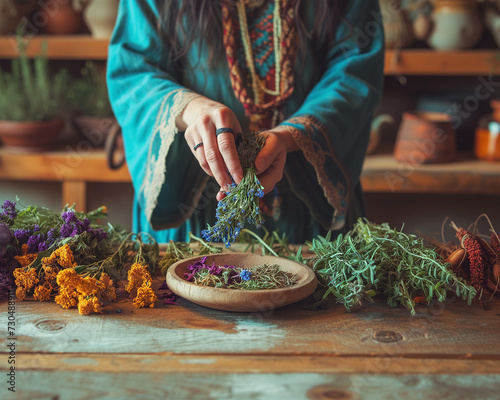 Hands of a spiritual medicine woman preparing medicinal herbs in a bowl. Sacred ritual plants for purification and healing of soul and body. natural preparation of shaman healer, for holistic care photo