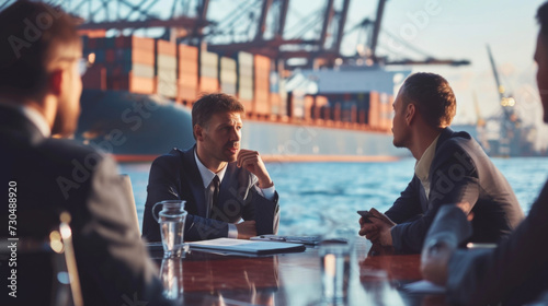 A group of international businessmen discussing the complexities of ship financing and the various market factors that influence trade routes and shipping rates. photo