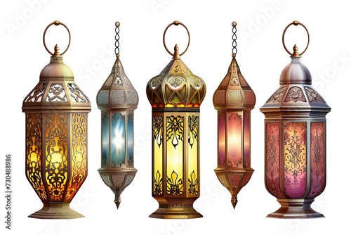 Colorful Ramadan fanous lamps, Ramadan conceptual decor over white transparent background