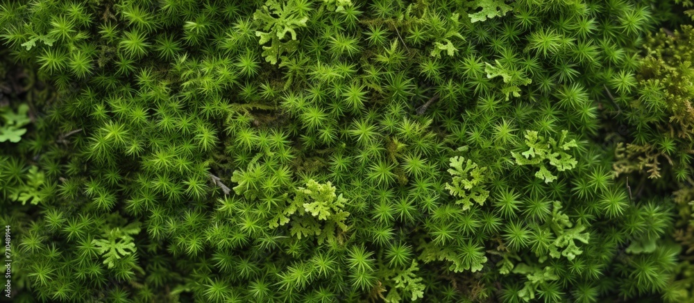 Fototapeta premium Top view green moss nature texture background. AI generated image