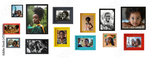 Colorful variety of photo frames with African American family portraits over white transparent background