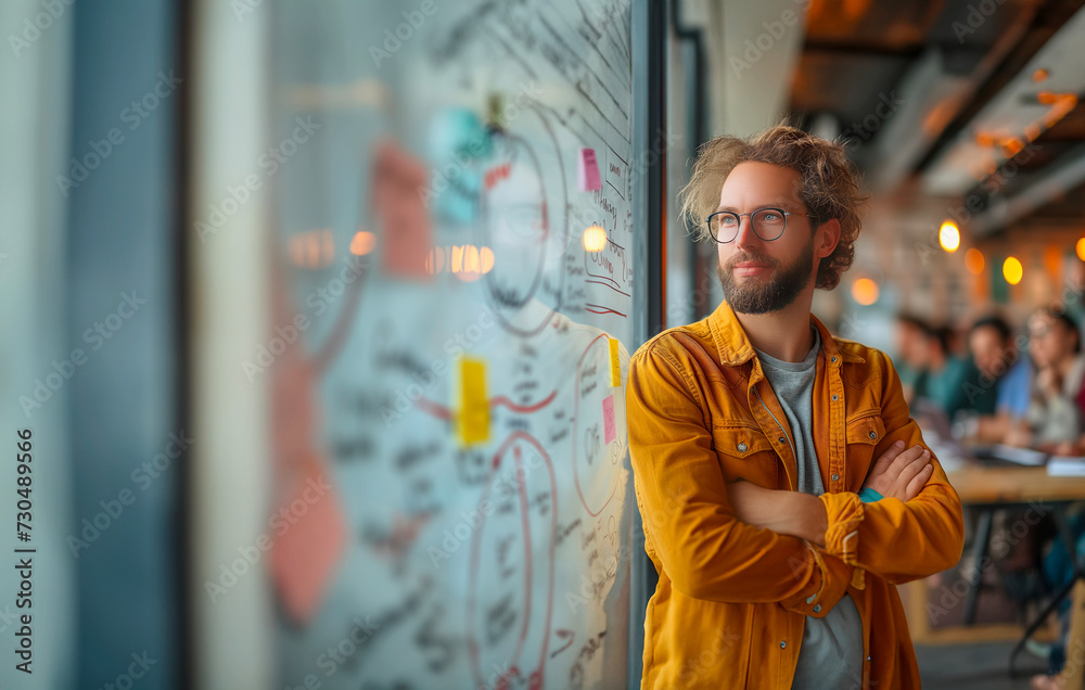 Idea of a businessman looking at a whiteboard showing the concept of cooperation, the company, and teamwork in the workplace 