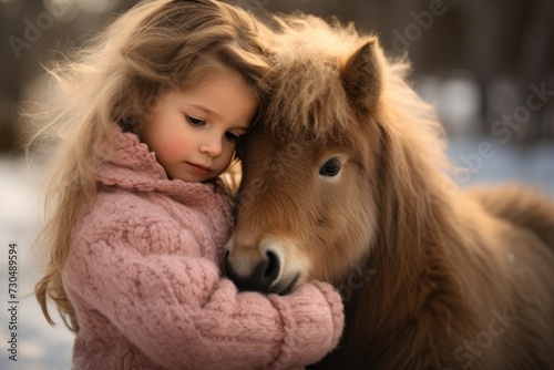 Little cute girl tenderly hugs a chestnut pony