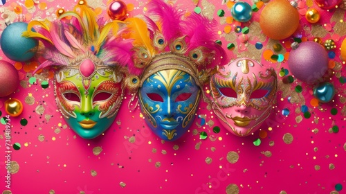 Vibrant carnival design with colorful masks and festive decorations on a lively pink background. generative ai © ThisDesign