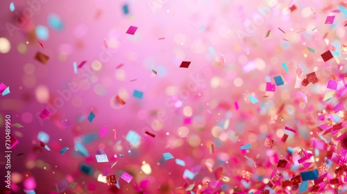Vibrant holographic confetti falling on a bold pink background, generative ai