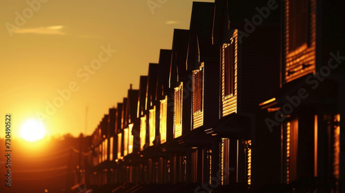 A row of rowhouses creates a striking silhouette as the sun sets behind them.
