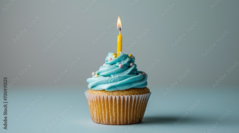 Whimsical cupcake with blue pastel frosting and a single candle, generative ai