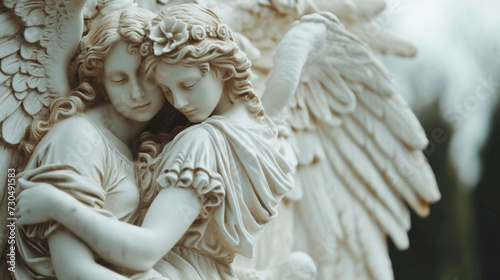 A pair of angels comforting a grieving parent their wings wrapped around them in a comforting embrace.