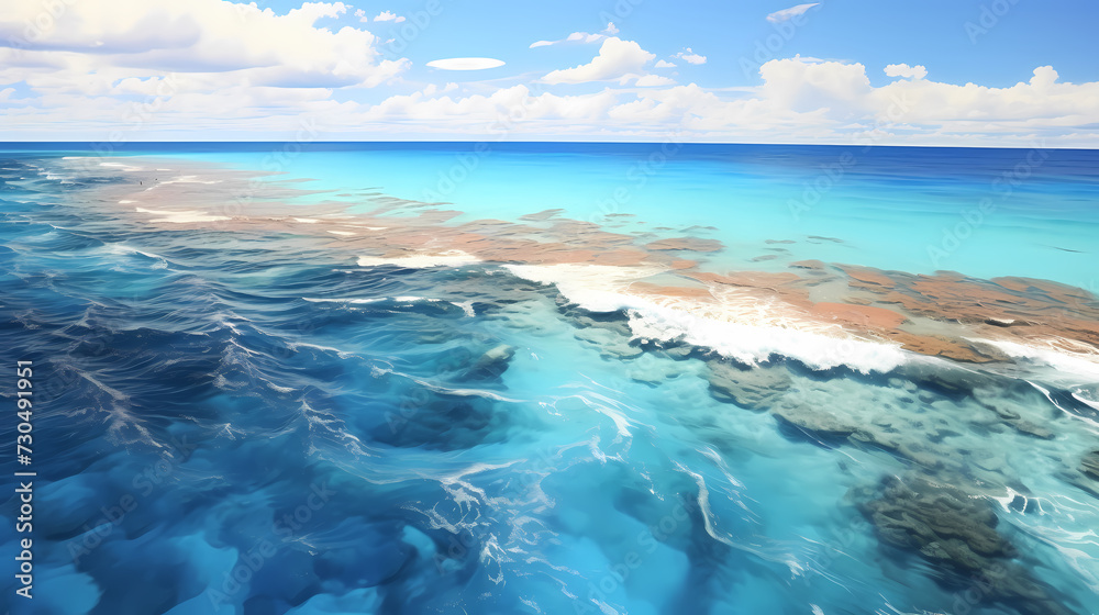 Aerial view of beautiful beach, simple, calm composition in clear blue