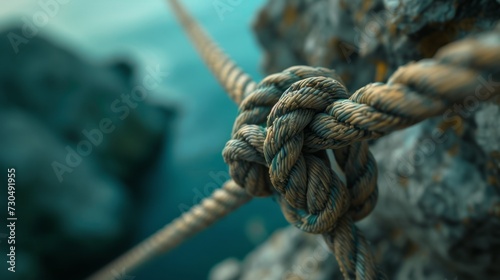 close up view rope with a knot on a mountain generative ai