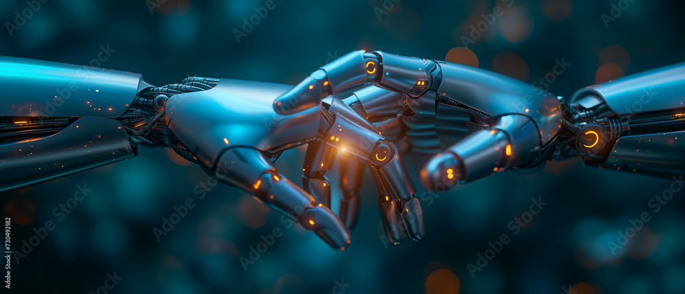 Fototapeta premium New technologies, Artificial intelligence, world of the future, Robot hands