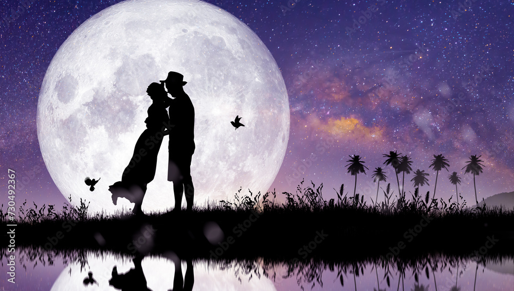 Silhouette at night landscape of couple or lover dancing and singing on the mountain with Milky way background over the full moon. Silhouette at night landscape of couple or lover dancing and singing on the mountain with Milky way background over the full moon.