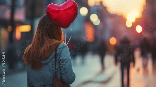 woman holding a heart shaped balloon in the city. generative ai