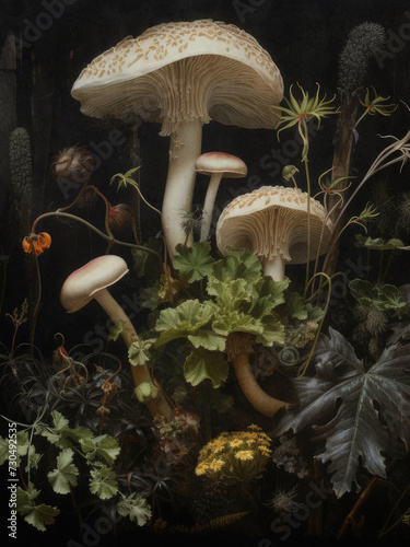 Woodland mushrooms, moody moss mushroom wall print, floral dark academia, halloween printable, vintage poster, gothic oil painting